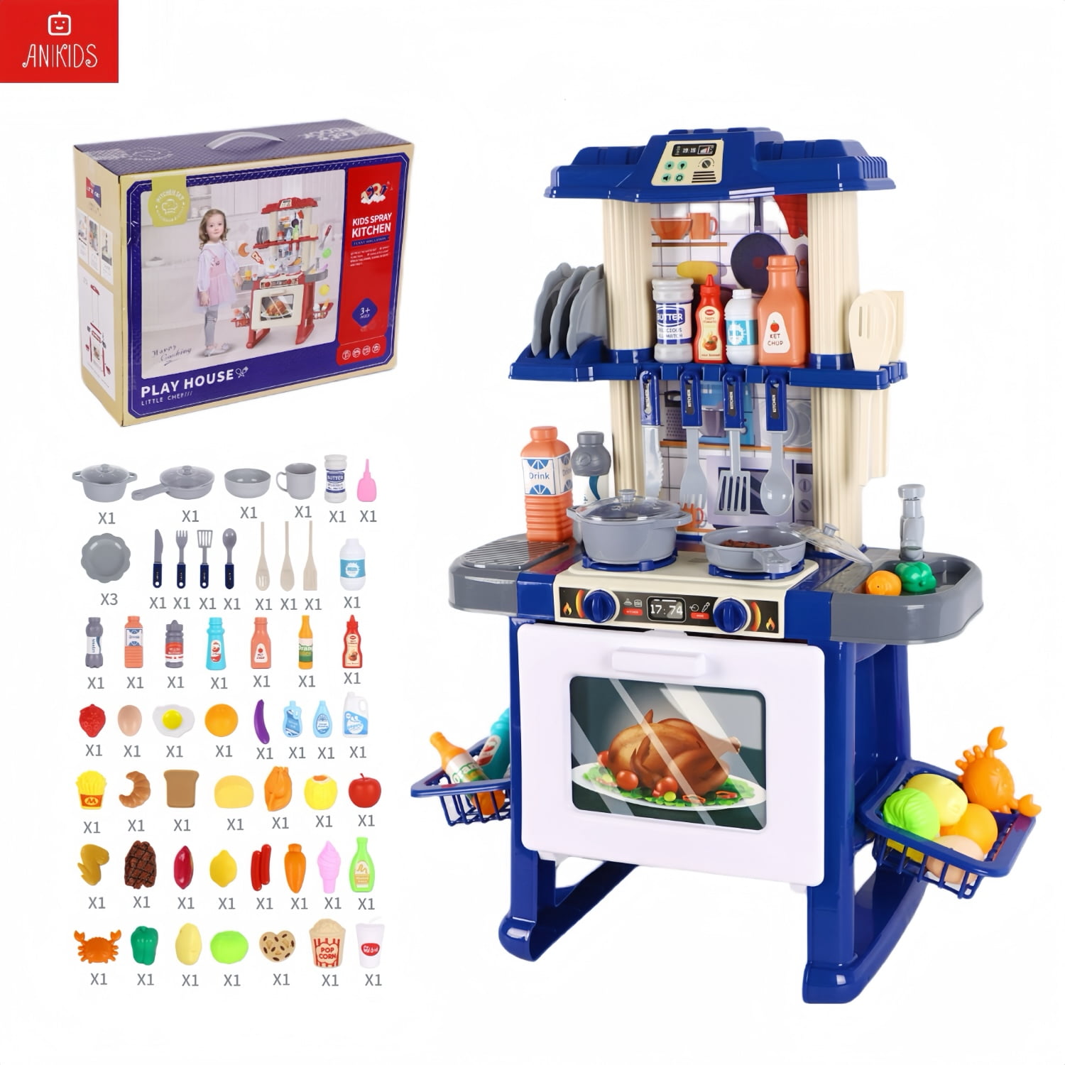 Anikids - Cocina De Juguete Grande 69pcs Niños Luz Sonido 71cm Azul