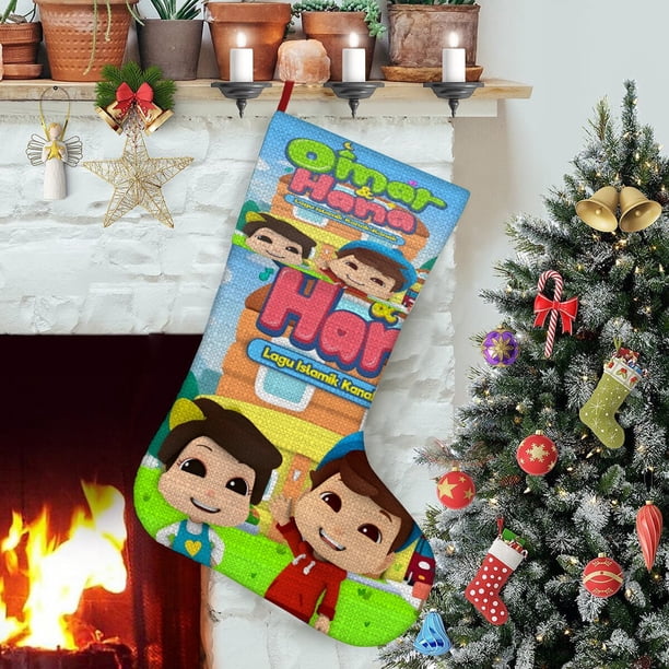 Omar y Hana Fondo Tema: Calcetines de Navidad, fino lino blanco para colgar en escaleras y chimenea, decoración navideña para el hogar, regalo de Navidad. 45cm × 32cm