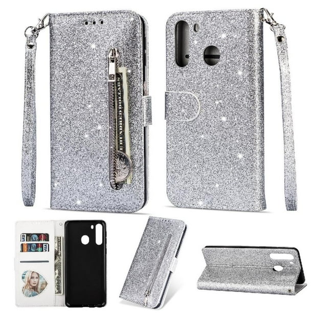 Funda para FOXDOCK Elegante funda Samsung Galaxy A21 Glitter con cremallera-Ideal para el uso diario