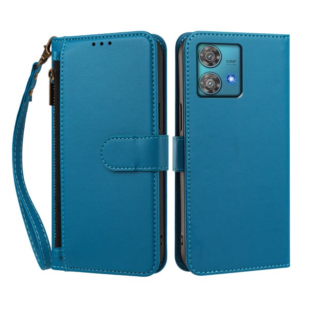 Funda Tipo Billetera para Motorola Moto Edge 40 Neo 5G con Soporte y Bolsillo con Cierre Azul
