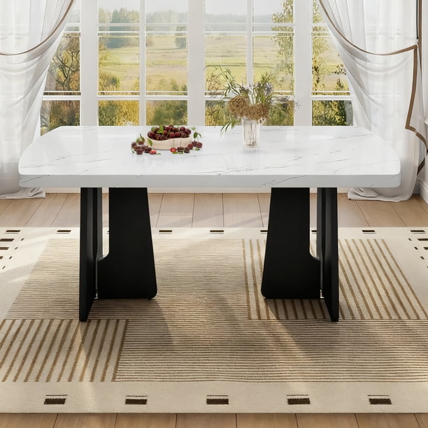 63" Modern Faux Marble Dining Table - Black/White Marble Top with Sturdy Geometric Legs, Stylish Kitchen & Dining Room Table for Home, Apartment, Office, Easy to Assemble, White+Black