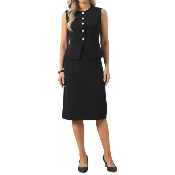 INSPIRE CHIC Conjunto de Traje de Falda para Mujer 2 Piezas Conjunto Moderno de Trabajo Chaleco sin Mangas y Faldas Lápiz L Negro
