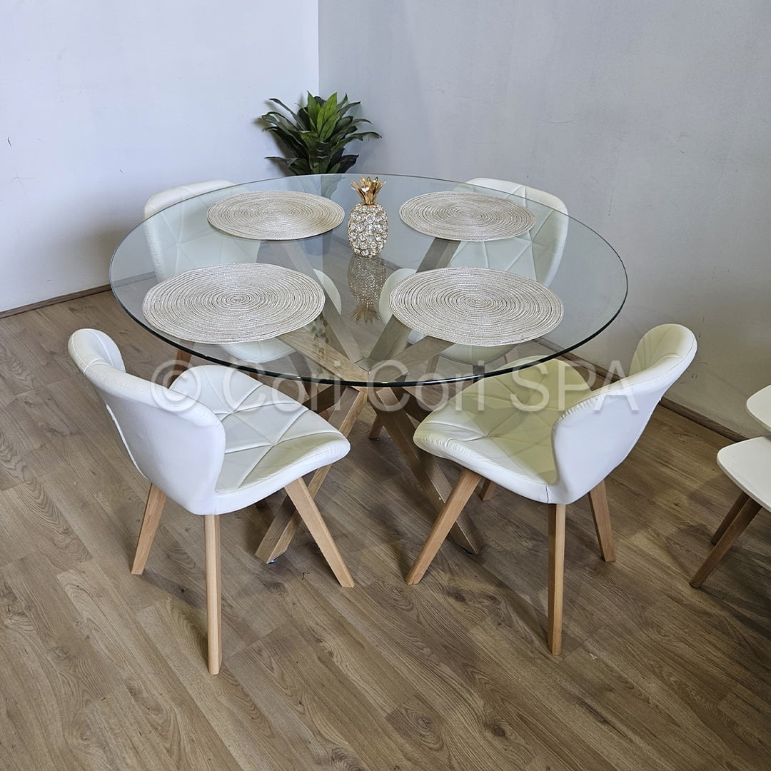 Coricori - Comedor Mesa Warwick Vidrio 100cm + 4 Sillas Mariposa Wood Blanco