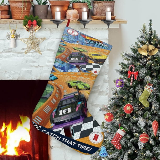 Hot Wheels Vamos a Correr Tema: Calcetines de Navidad, fino lino blanco para colgar en escaleras y chimenea, decoración navideña para el hogar, regalo de Navidad.54cm×38cm