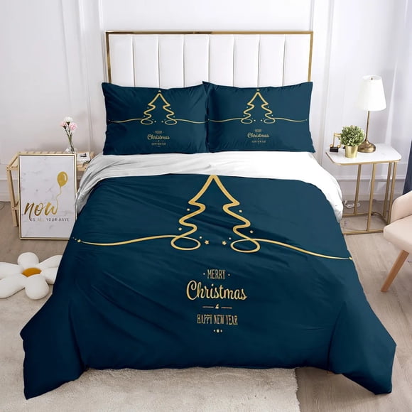 Christmas Duvet Cover Set Gold Snow Flower Merry Christmas Celebrate Comforter Cover King for Boys Girl Polyester Bedding Set Bed Sheets