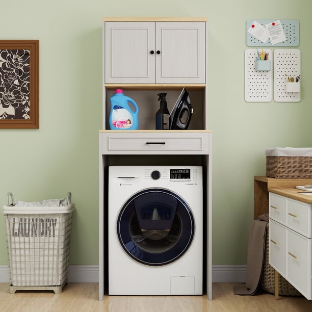 Over the Washer, Dryer and Robot Vacuum Storage Cabinet suitable for Compact Washing Machines, Laundry Room Storage Organizer with 1 Door, a Adjustable Shelf and a Fake Drawer Design-Antique White