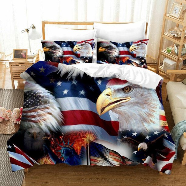 USA America Flag Eagle Quilt Duvet Cover Set Kids Pillowcase Bedroom Decor3-Piece Bedding Set