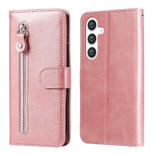 Funda tipo cartera para Samsung Galaxy S25 con bolsillo con cremallera y ranuras para tarjetas – Función de soporte Rosa