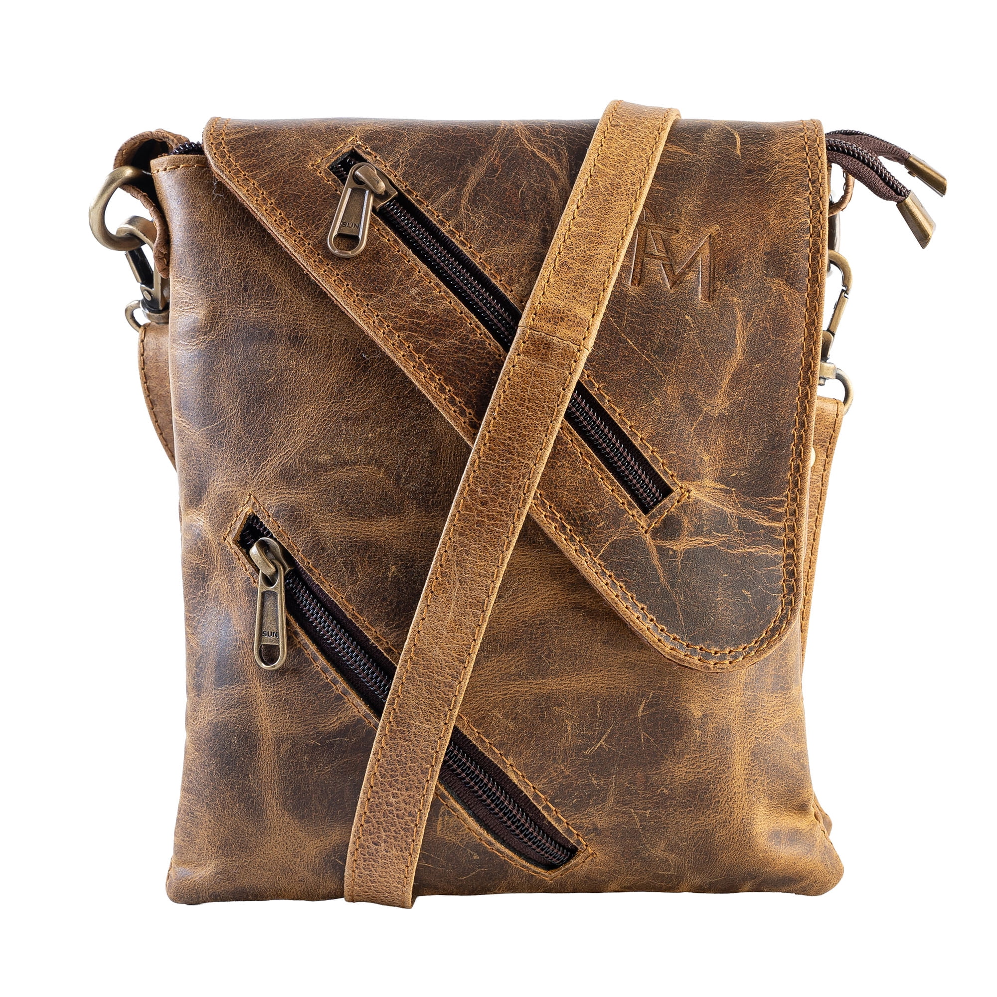 Bolso Bandolera De Cuero Natural, Estilo Vintage. Café. Franz Mossi