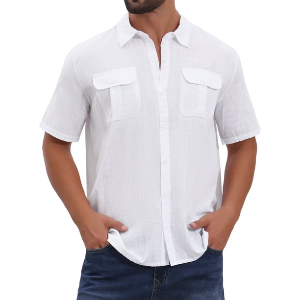 INSPIRE CHIC Camisa de Lino para Hombre de Manga Corta con Bolsillos en el Pecho y Botones, Talla 2XL, Blanca