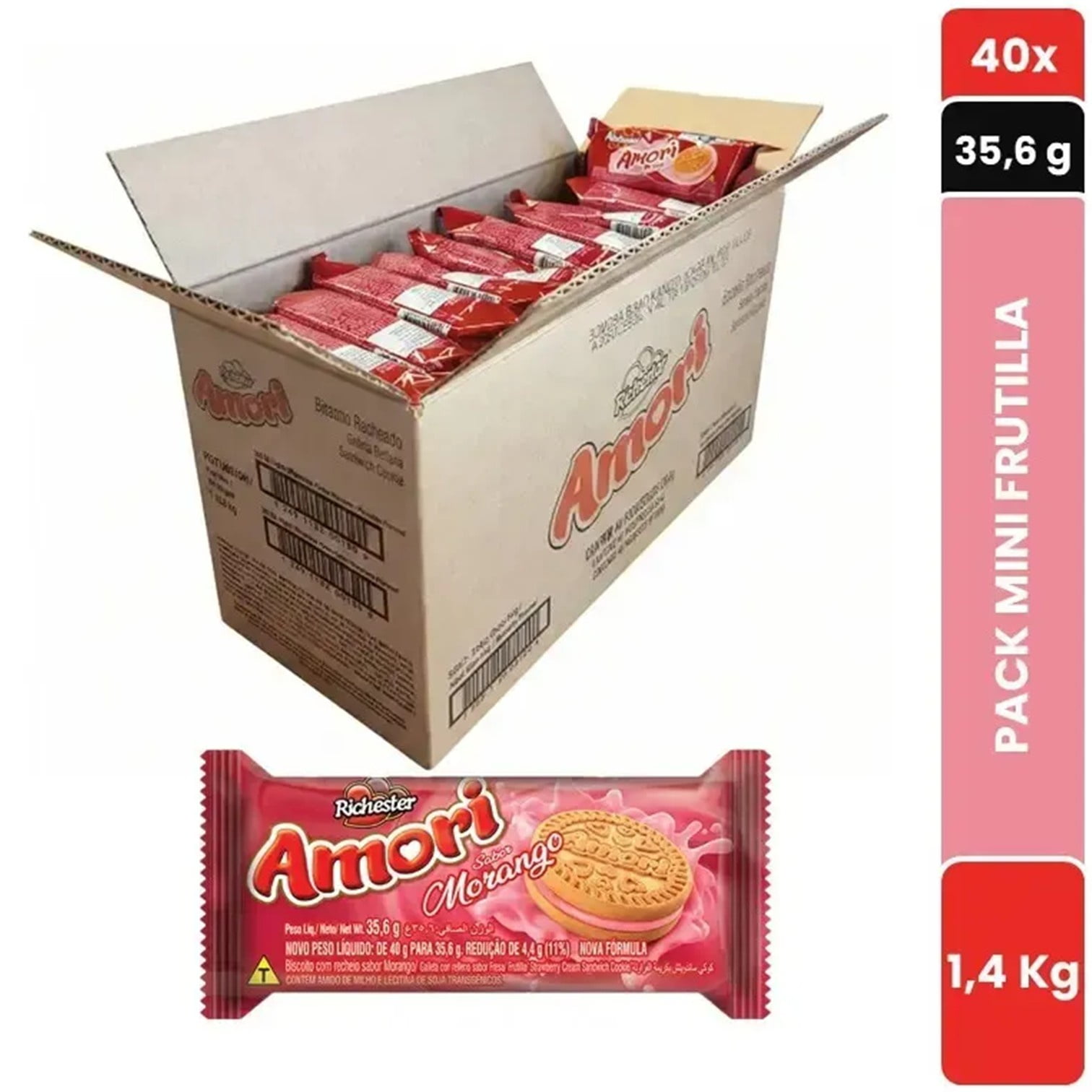 Pack 40 Un Galletas Amori Frutilla Mini 35gr Caja Por Mayor