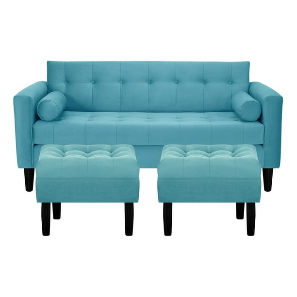 Sofa Retro 3c + 2 Pouf Felpa 00 Turquesa