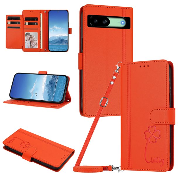 Funda Cartera Trébol para Google Pixel 8A con Ranuras Tarjetas y Carga Inalámbrica Naranja