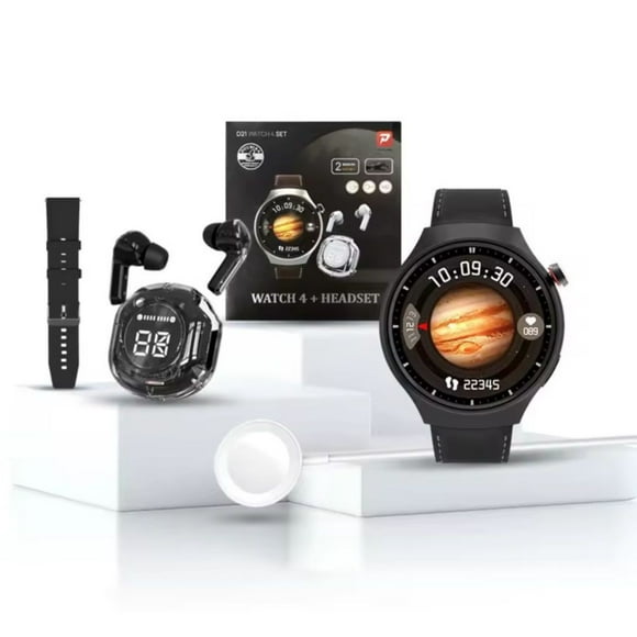 Reloj smartwatch unisex pack + audífonos + correa de cuero extra