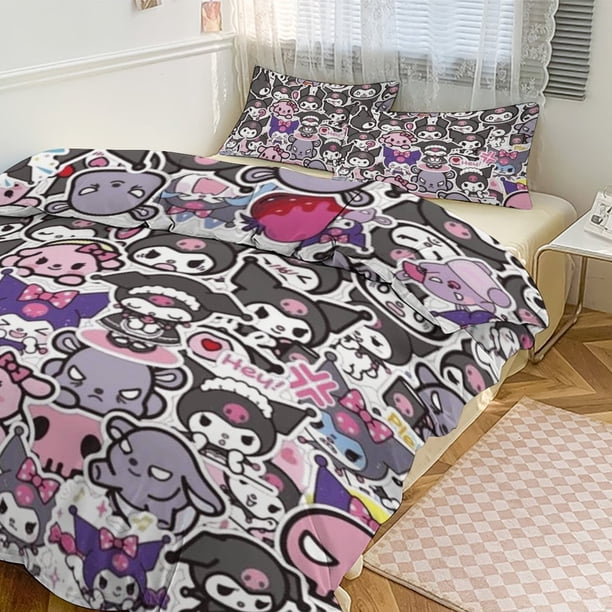Kuromi 3 Pieces Anime Merch Comforter Set 1 Quilt Cover 2 Pillowcases 3D Printed Cute Comfortable Bed Set Cover Merchandise Gifts for Boys Girls Adults