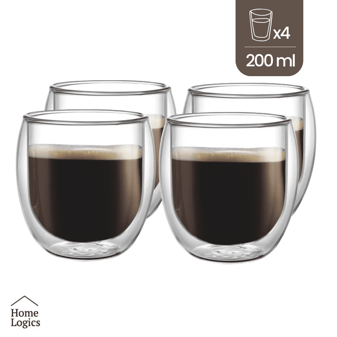 Set 4 Vasos De Vidrio Doble Pared 200ml Café Té Home Logics