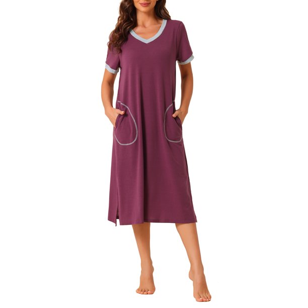 INSPIRE CHIC Camisón de Mujer con Cuello en V y Bolsillos, Manga Corta con Abertura Lateral, Camisón con Ribete en Contraste para Primavera Verano L Púrpura