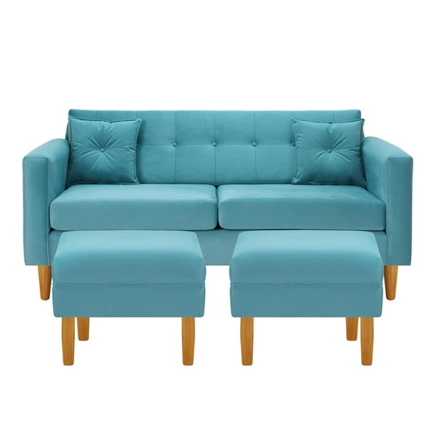Sofa New Retro 3c + 2 Pouf Felpa 04 Turquesa