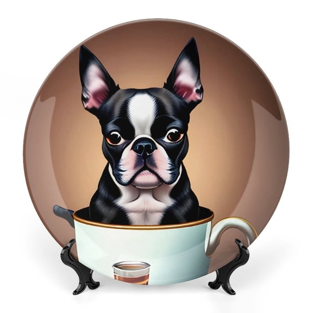 Boston Terrier Plato decorativo de porcelana fina (bone china), plato decorativo de cerámica para hogar, oficina, soporte de pared, platos decorativos para dormitorio - 6 pulgadas (15 cm)