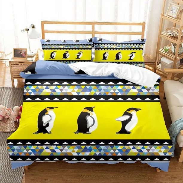 x2517 Bed SheetsCartoon Penguin Duvet Cover Set for Kids Boy Girl Animated Antarctic Animal Polyester Quilt Cover White Black Size 3-Piece Bedding Set (1 Duvet Cover + 2 Pillow Shams) nj2517