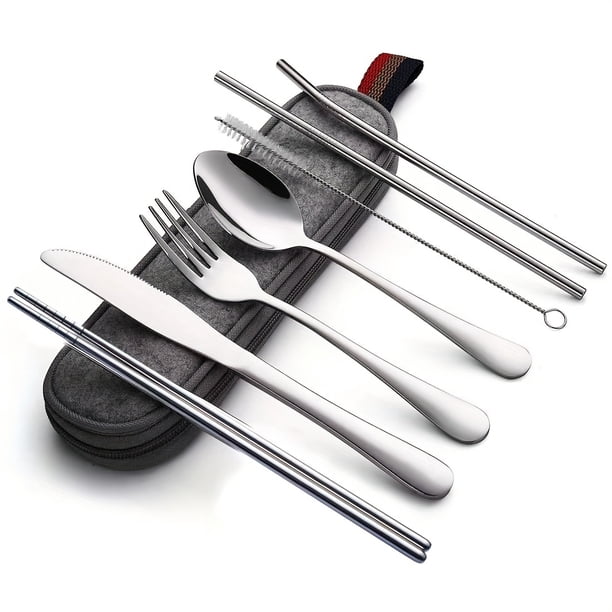 Travel in Style with our 8-Piece Stainless Steel Portable Utensils Set - Knife, Fork, Spoon, Chopsticks, Cleaning Brush, Straws, and Portable Case