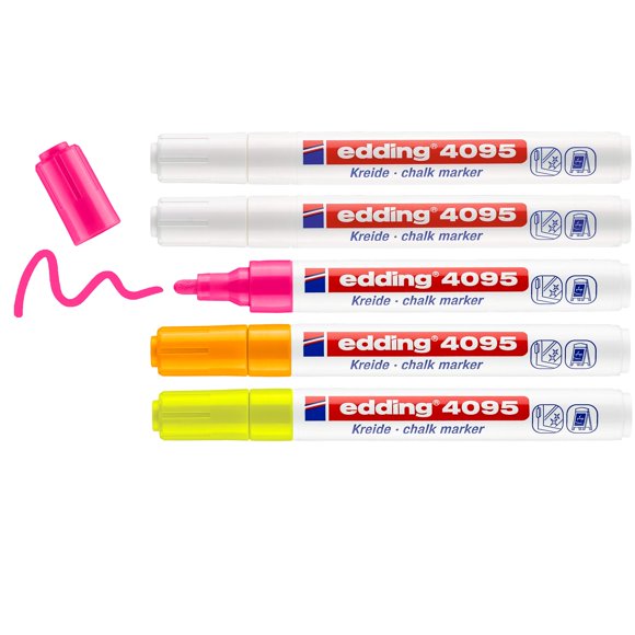 Juego de rotuladores Liquid Chalk Edding 4095, blanco (2 unidades), amarillo, naranja y rosa