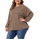thumbnail image 1 of Agnes Orinda Blusas de Manga Larga para Mujer Tallas Grandes Cuello Redondo de Otoño Camisetas Informales Sólidas con Bolsillo 2X Marrón Claro, 1 of 6