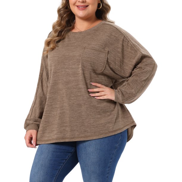 Agnes Orinda Blusas de Manga Larga para Mujer Tallas Grandes Cuello Redondo de Otoño Camisetas Informales Sólidas con Bolsillo 2X Marrón Claro