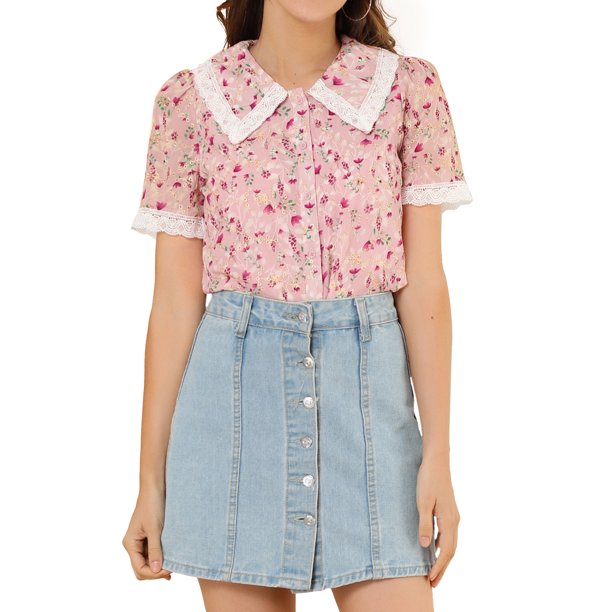 INSPIRE CHIC Camisa Floral Chic de Regreso a Clases para Mujer, Manga Corta, Cuello de Encaje Peter Pan, Botones al Frente, Blusa Rosa XS