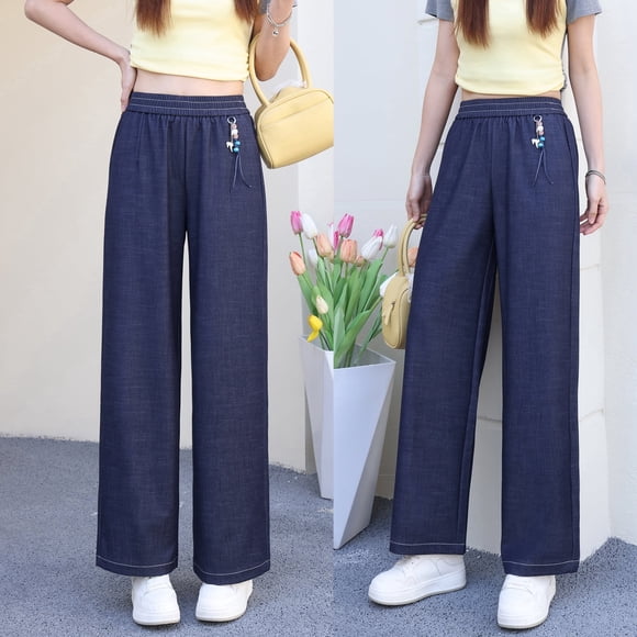 Jeans Rectos Nuevos de Primavera/verano para Mujer, Jeans de Pierna Ancha Azul Oscuro, Cintura Elástica, Jeans de Lino Suave, Jeans para Mujer