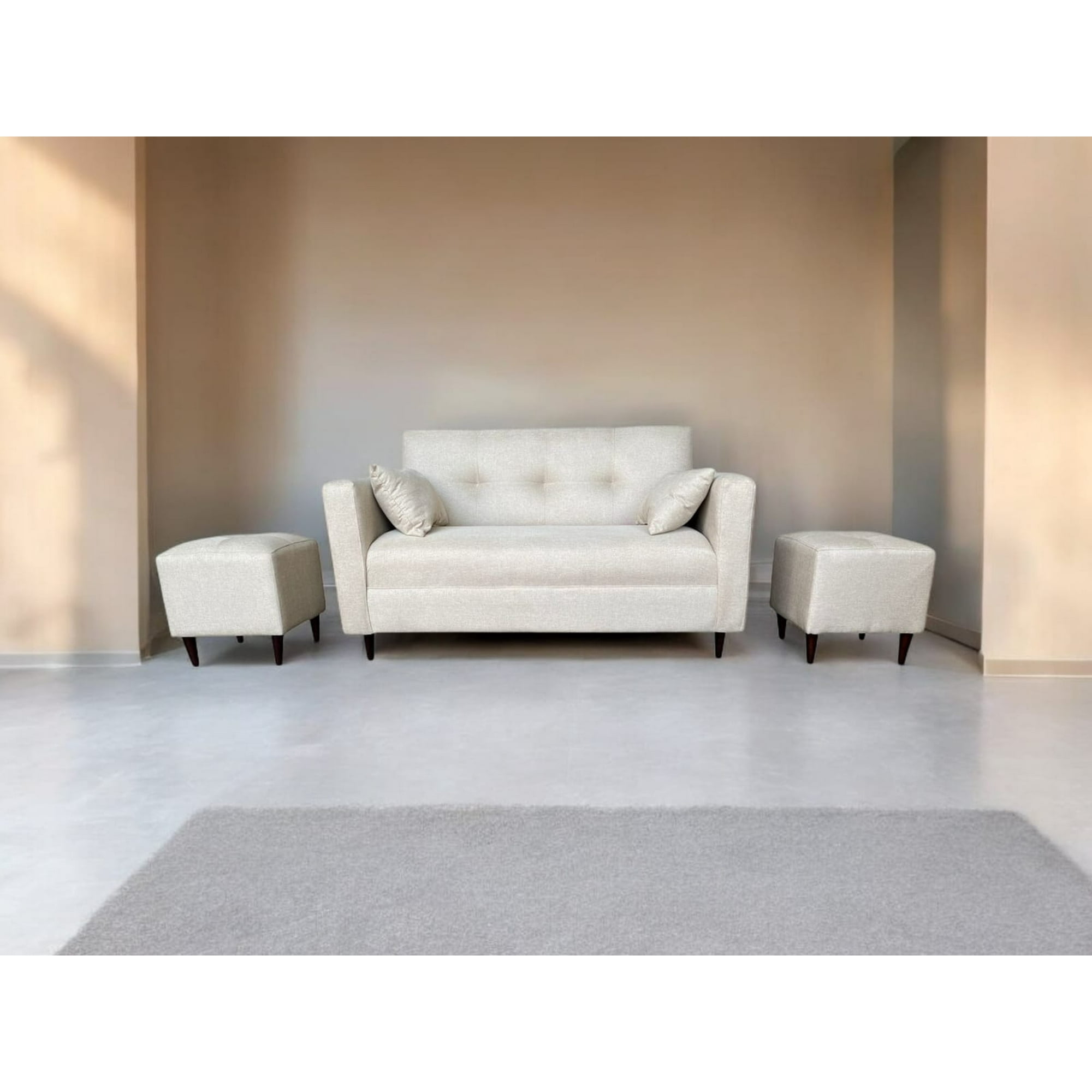 Dec-hogar - Sofa 2 Cuerpos + Dos Puff Tela Beige 140x80x90