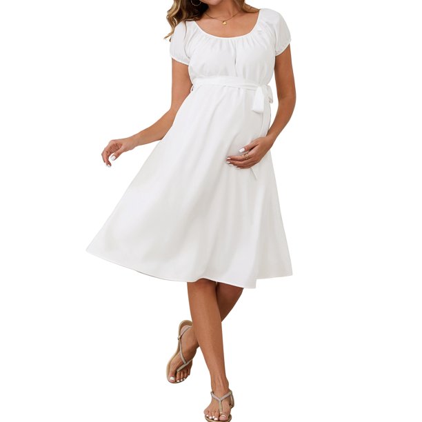 INSPIRE CHIC Vestidos de Maternidad para Mujeres Boho con Cinturón en la Cintura Manga Corta Verano Iglesia XX-Large Blanco