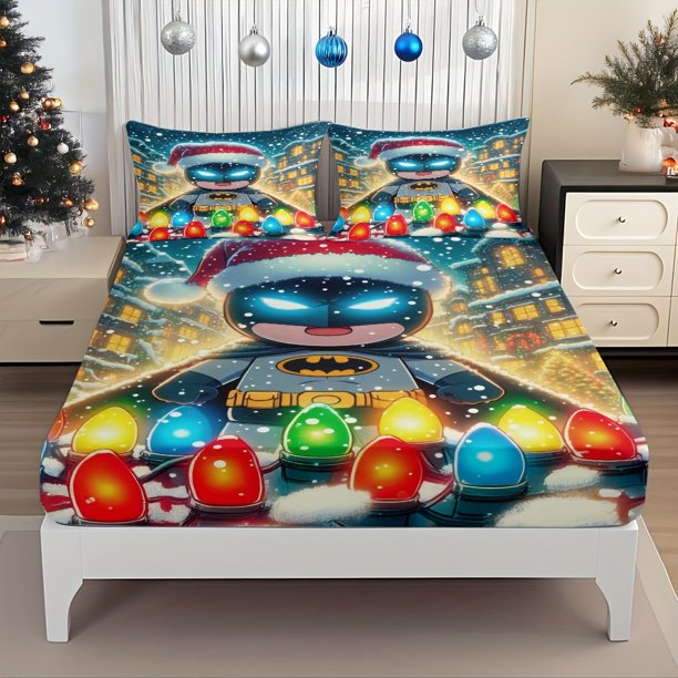 Fitted Sheet Set with Christmas Hat Snow Night Light Design Superhero Holiday Guardian Pattern Mattress Protector Elastic design e