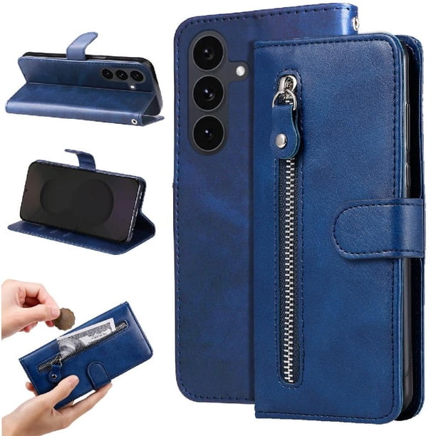 Funda tipo cartera para Samsung Galaxy S25 FE con bolsillo con cremallera y ranuras para tarjetas – Función de soporte Azul