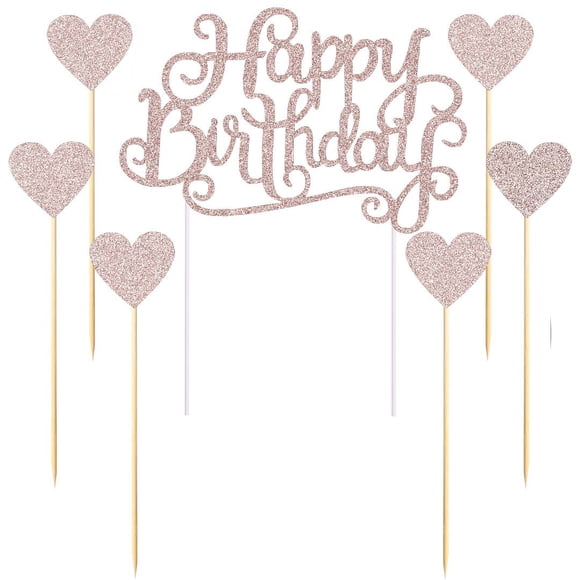 Set De Adornos Para Pastel Brillo Dorado Rosa Feliz Cumpleaños