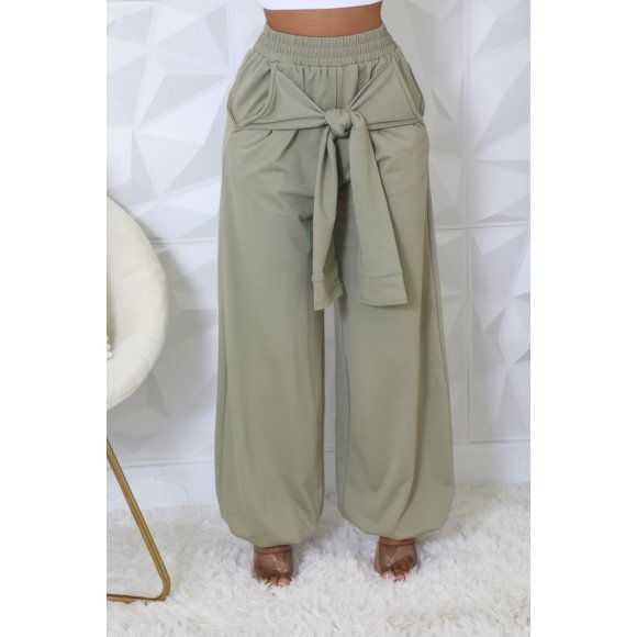 Saronite Pantalones Largos con Cintura Elástica Alta, Bolsillos Laterales y un Solo Color Oliva (para Mujer)