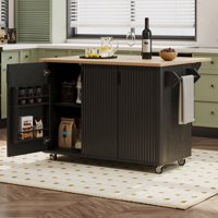 M&Ms - K&K 51"" Fluted Kitchen Island With Drop Leaf, Farmhouse Accent Kitchen Island On Wheels With Internal Storage Rack, Rolling Kitchen Cart With Towel Rack For Kitchen, Dining Room, Black Ash
