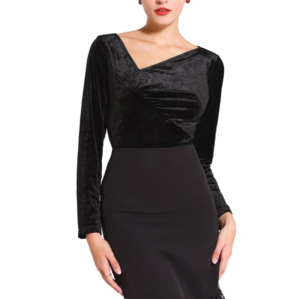 INSPIRE CHIC Blusa de Fiesta Ajustada para Mujer con Cuello Asimétrico Fruncido de Manga Larga de Terciopelo M Negro