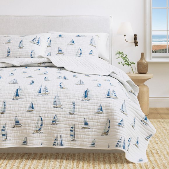 Juego de cama Great Bay Home King 274 cm Azul con Veleros