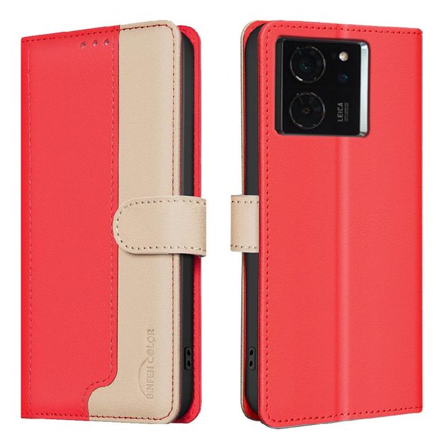 Funda Cartera con Bloqueo RFID para Xiaomi 14T con Ranuras y Soporte Rojo