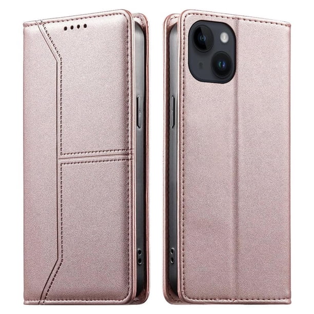 Funda tipo cartera con bloqueo RFID para iPhone 15 cubierta magnética de cuero con tapa y soporte Rosa