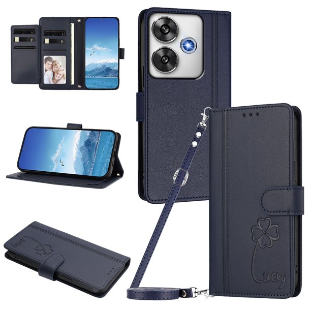 Funda Cartera Trébol para Xiaomi Poco F6 con Ranuras Tarjetas y Carga Inalámbrica Azul oscuro