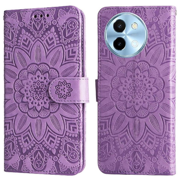 Funda tipo cartera FOXDOCK para Vivo Y38 5G , diseño girasol en relieve, cuero PU, cierre magnético, soporte y tarjetero