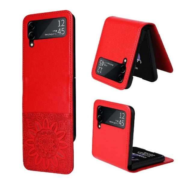 Funda tipo cartera FOXDOCK para Samsung Galaxy Z Flip 3 , diseño girasol en relieve, cuero PU, cierre magnético, soporte y tarjetero