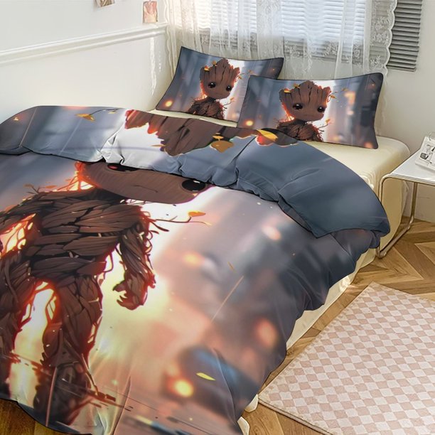 Guardians of The Galaxy Groot Boys Comforter Set Twin Size,Bedding Set Kids Young Man Video Down Comforter for Teen Child Room Decor Black Red Classic Retro Gaming Quilted Duvet Set with Pillowcase Be
