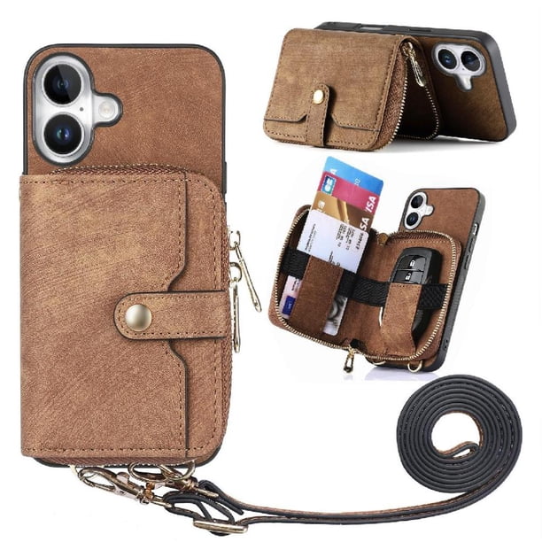 Funda Tipo Cartera con Correa Cruzada para iPhone 16 Protección Contra Golpes Marrón
