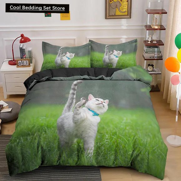 x1483 Bed SheetsPet Animal Bedding Set Cute Cat Bedding for Kids Quilt Cover Pillowcase Comforter Cover Kawaii Kitty Soft Polyester Duvet Cover 3-Piece Bedding Set (1 Duvet Cover + 2 Pillow Shams) nj1