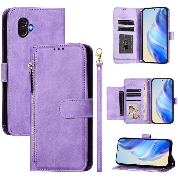 Funda Billetera Cremallera para Samsung Galaxy X Cover 6 Pro con Porta Tarjetas, Soporte y Correa Morado