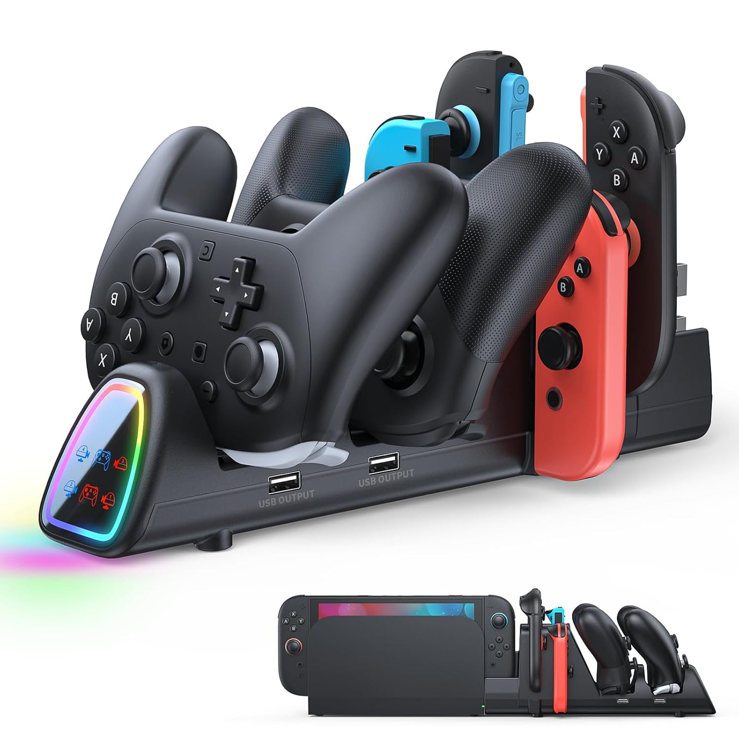 Genérico - Base De Carga Controladora Compatible Con Nintendo Switch 2/1 Y Joy-con 2/1, Estación De Carga Rápida 10 En 1 Para Controlador Pro Con 11 Modos De Iluminación Rgb E Indicador Led