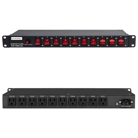 Soporte para rack Power Strip UltraPoE de 10 salidas y 1U con protección contra sobretensiones